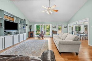 Living room with built in shelving photographed for a Huntsville home listing